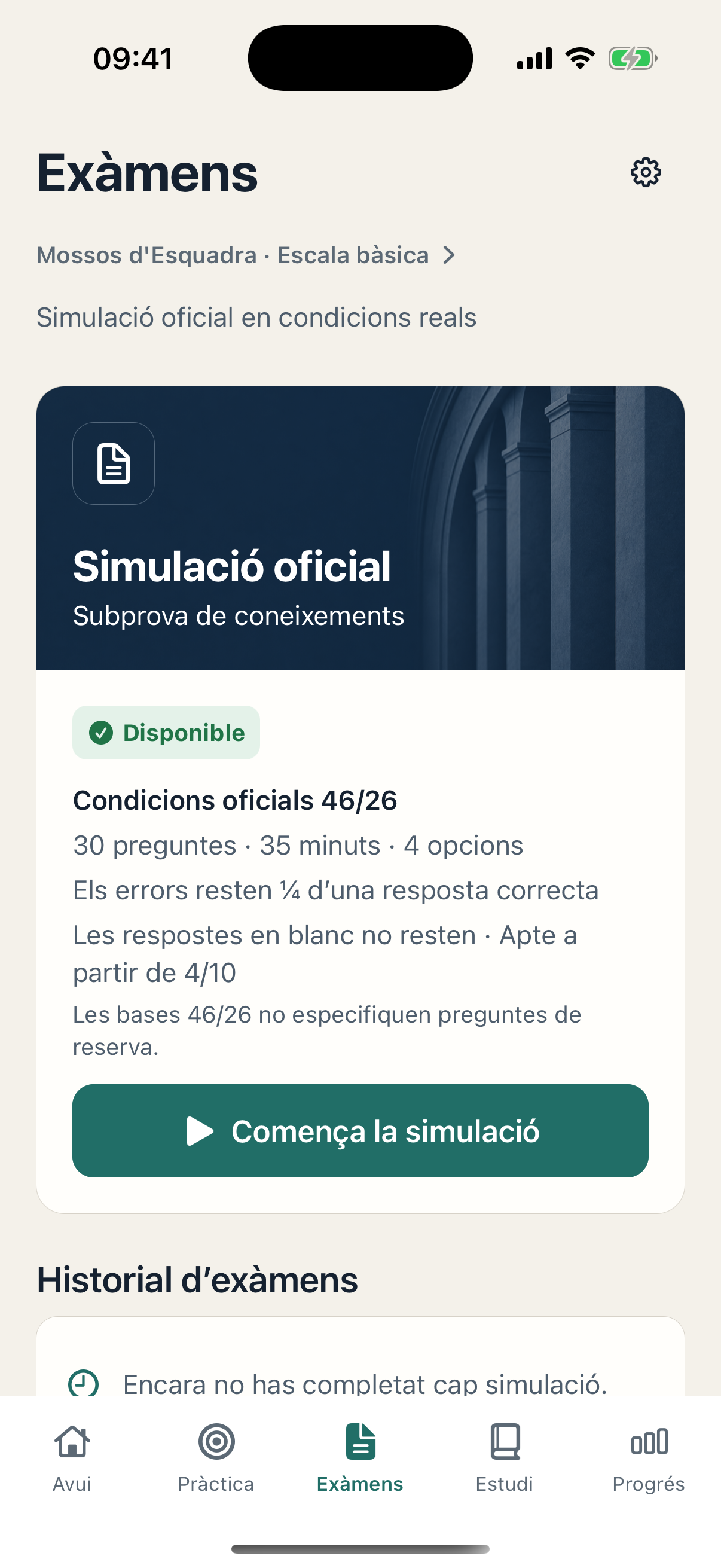 Pantalla Exámenes de OpoCentro