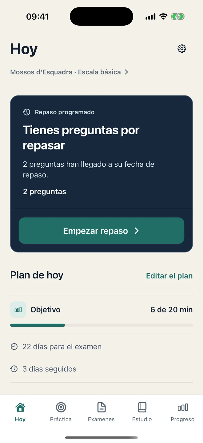 Pantalla Hoy de OpoCentro con una sesión recomendada y resumen de actividad